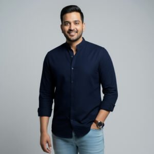 Band Collar Navy Blue Shirt