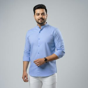 Band Collar Sky Blue Shirt