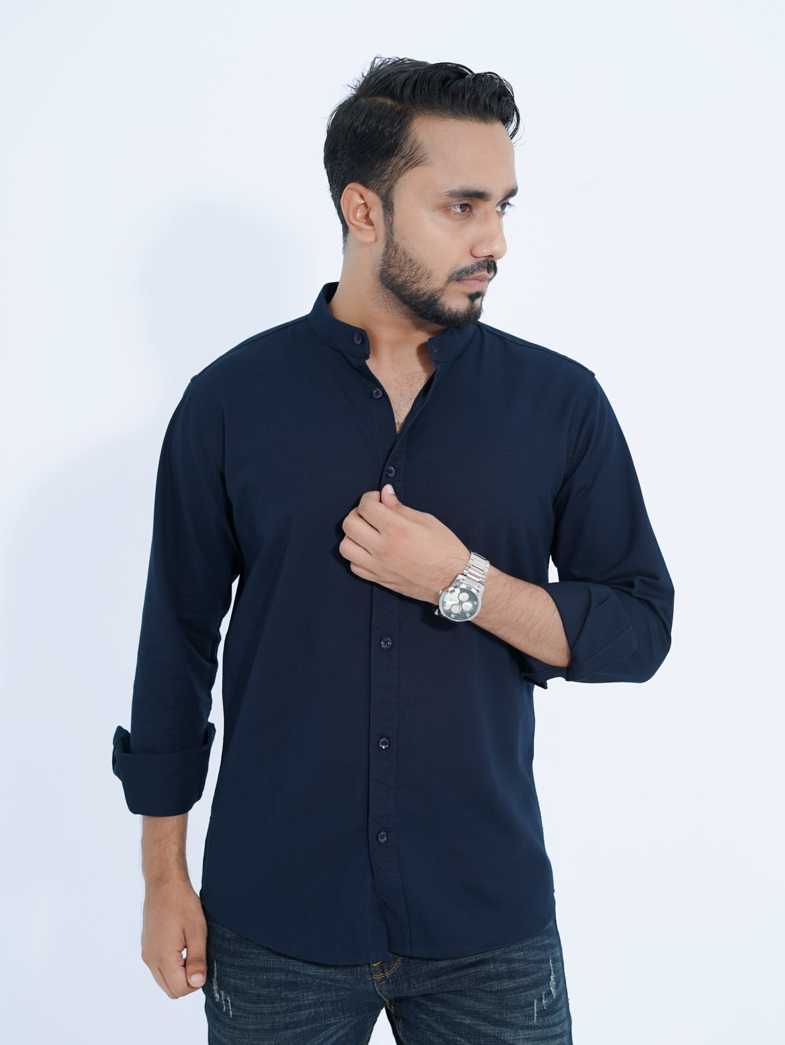 Band Collar Navy Blue Shirt - Image 3