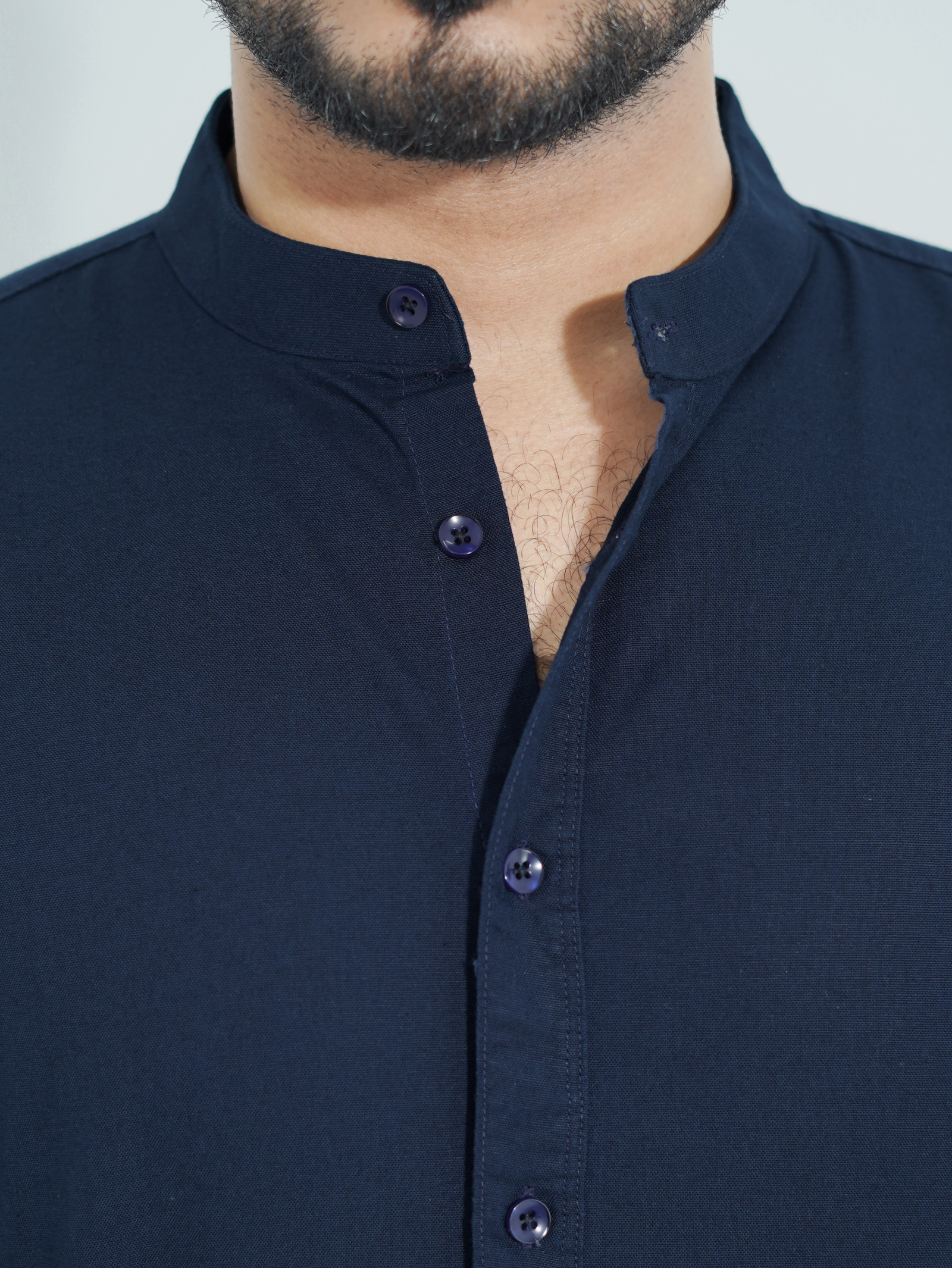 Band Collar Navy Blue Shirt - Image 2